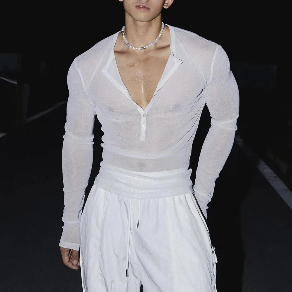 

Mens T-Shirts Shiny Glitter Sexy See-Through T-Shirts Streetwear Nightclub Stage Performance Fashion Long-Sleeve Tops Men'S Wear