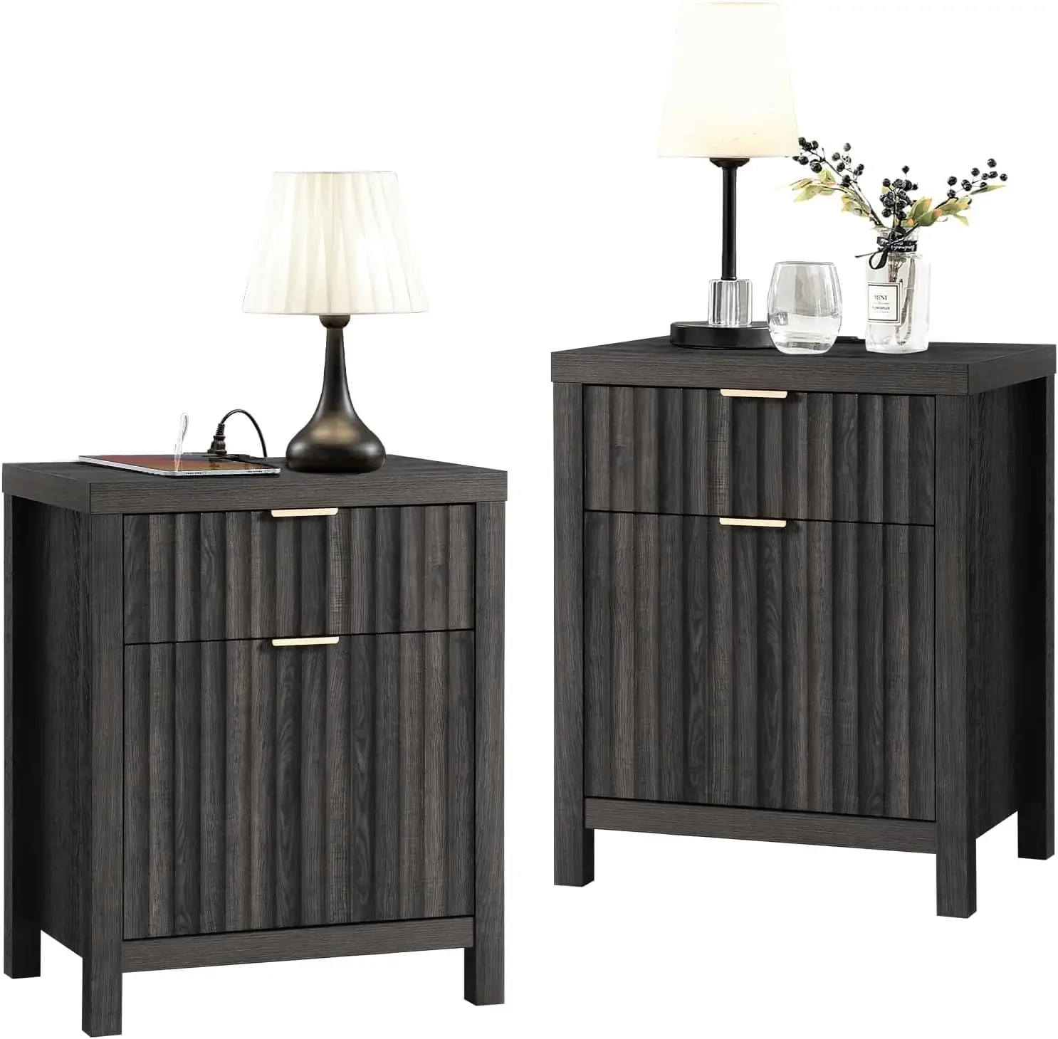 Oxford 2 Drawer Nightstand,End Table with Charging Station, Night Stand with Fluted Panel,Farmhouse Sofa/Bed Side Table Set of 2