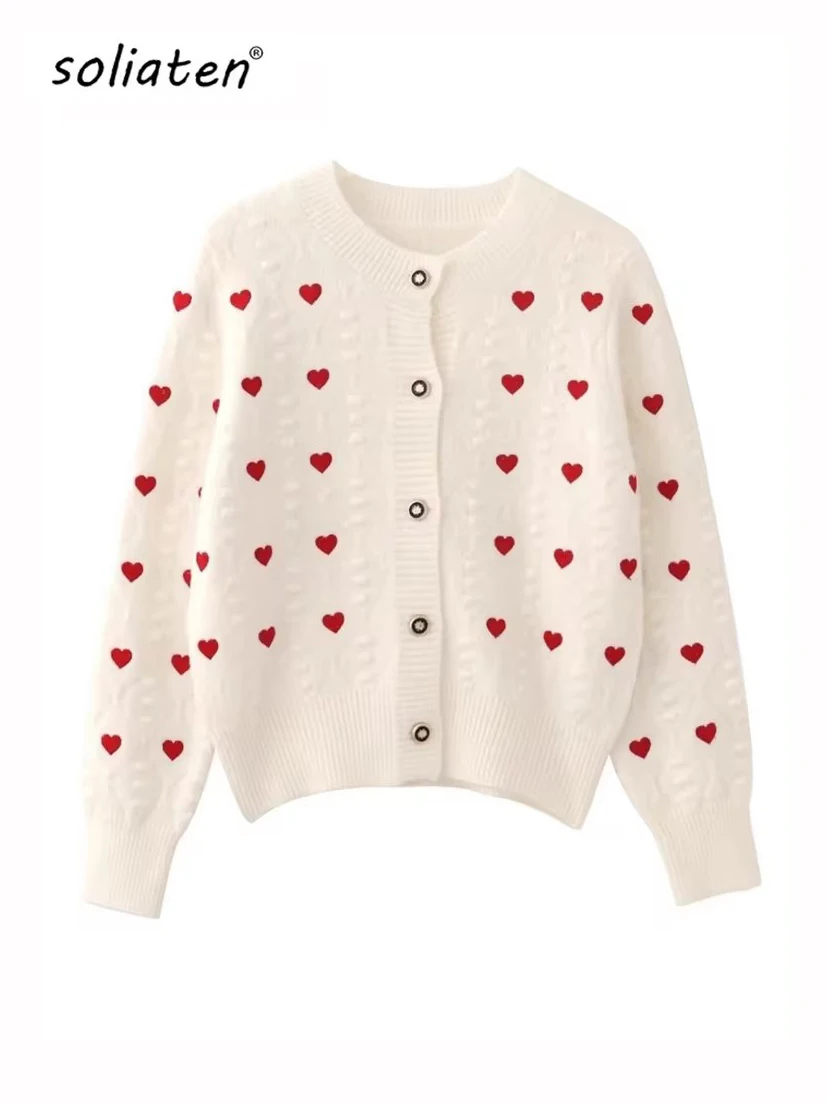 Embroidery Heart Knit Women Cardigan Sweater V Neck Single Breasted Knit Jumpers Top Autumn Winter Female Jacket Coat C-152