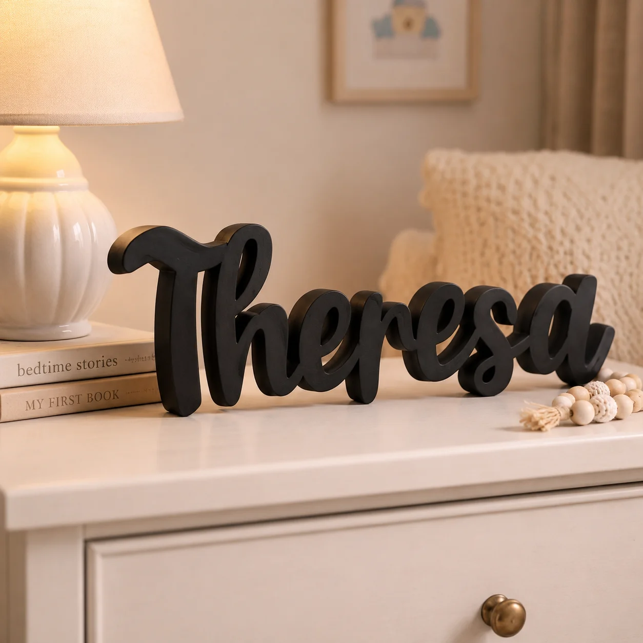 1pc Custom Cool Black PVC Wooden Name Plaque, Bedroom Room Table Decor,Ornament for Nursery Baptism Wedding Anniversary Gift