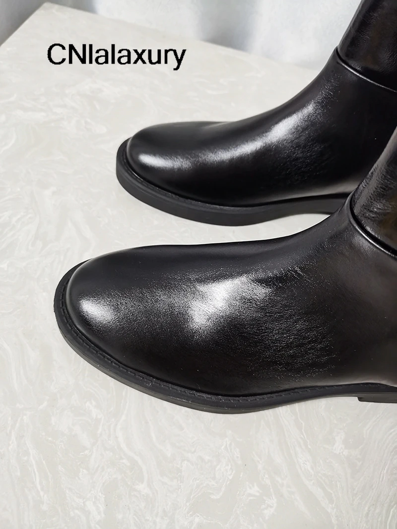 Black Round Toe Fashion Boots Genuine Leather Woman Boots 2024 Winter New Solid Designer Catwalk Ankle Shoes chelsea boots