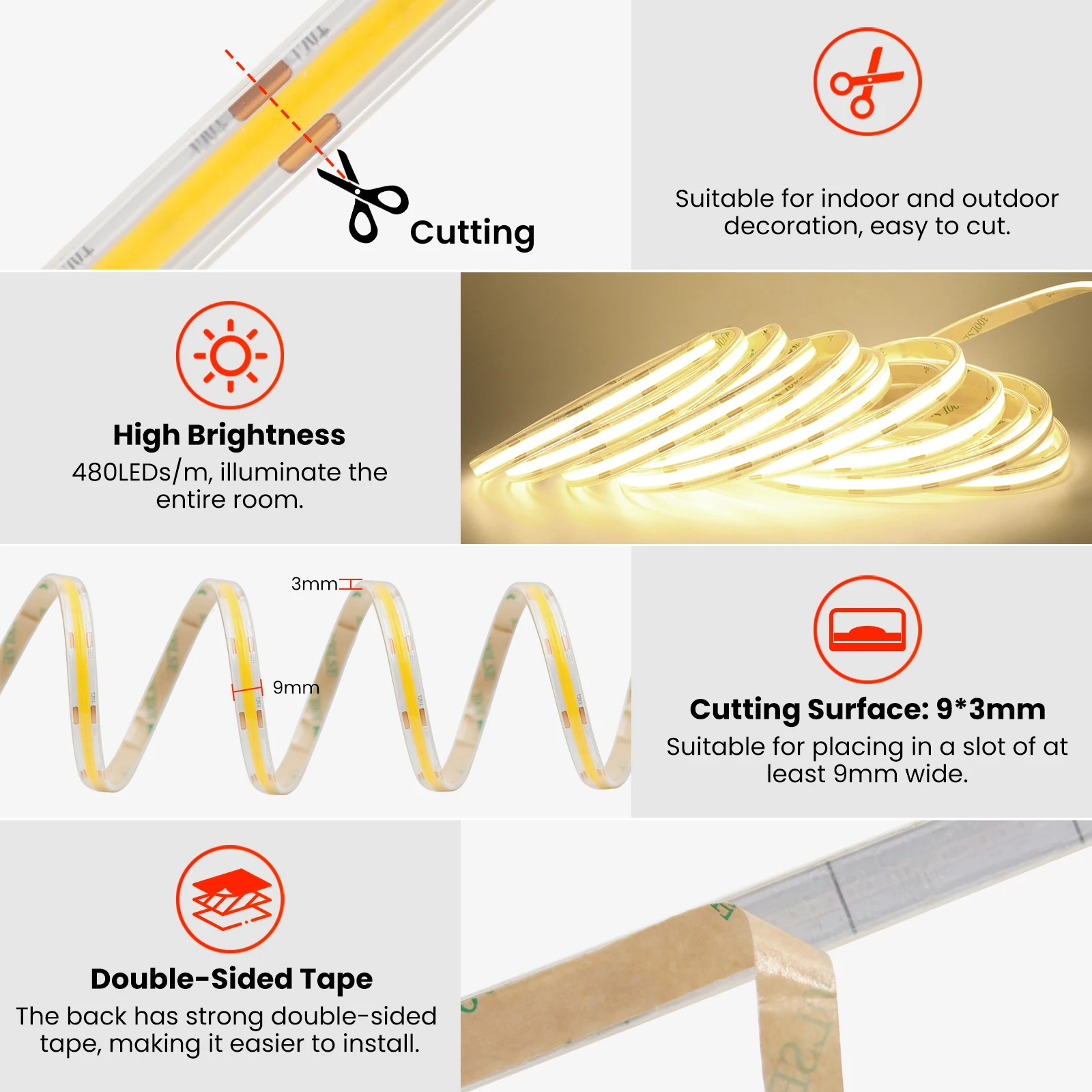 DC 12V 24V 480Leds/M COB Neon Strip Waterproof 3000K 4000K 6000K Home Decor High Brighter Flexible Ribbon Rope LED Light