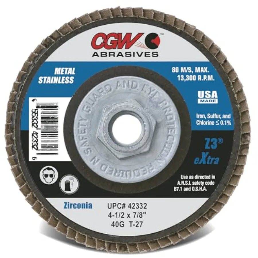 

CGW Abrasives Flap Discs 42342 Z3-100 Zirconia XL 4 1/2 40 Grit 7/8 Arbor 13 300 RPM T27 10 Pack