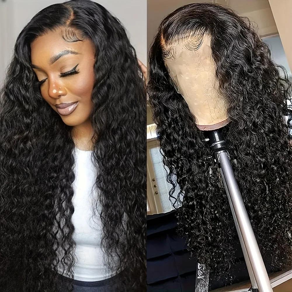 

Natural Black 180 Density 13x4 Deep Wave Brazilian Virgin Hair HD Transparent Lace wig Frontal Wig Pre plucked Wig For Women