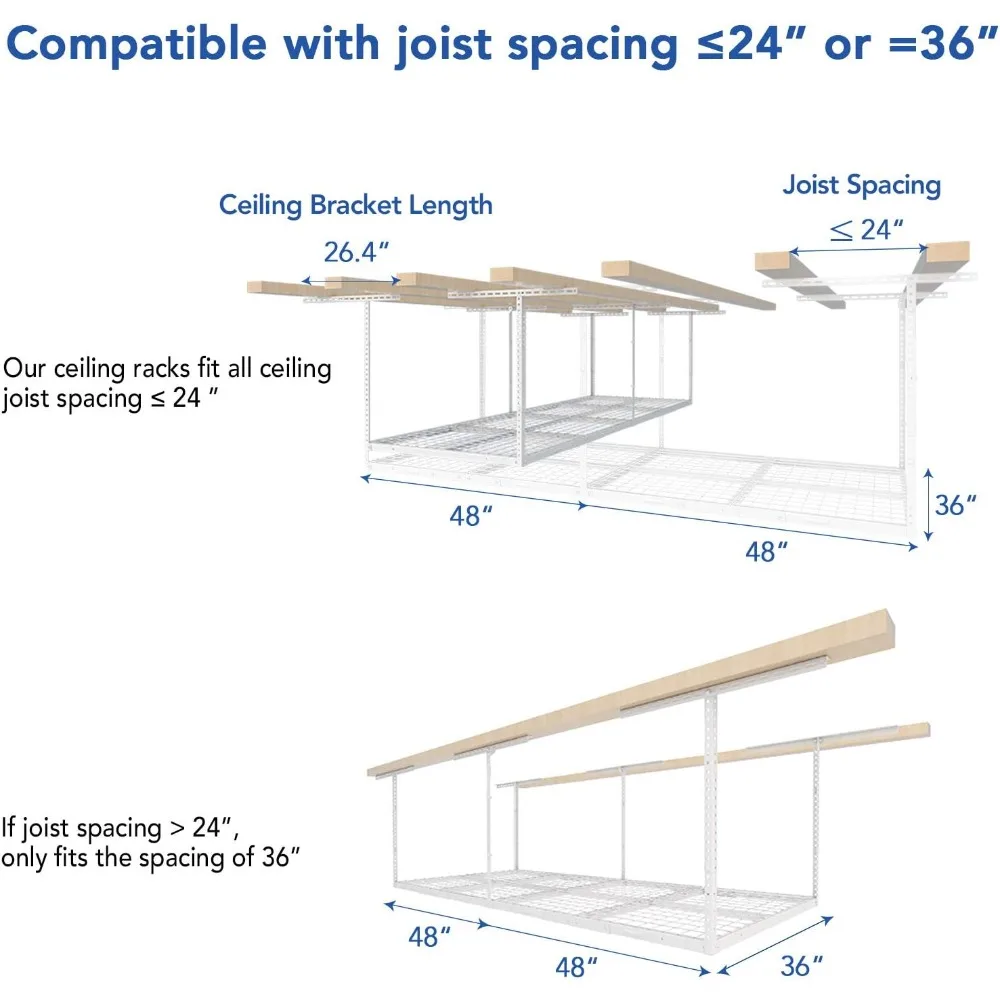 ชั้นเก็บเพดานโรงรถเหนือศีรษะ 3x8, ระบบองค์กรโรงรถที่ปรับได้, โลหะหนัก, ความจุน้ําหนัก 600 ปอนด์