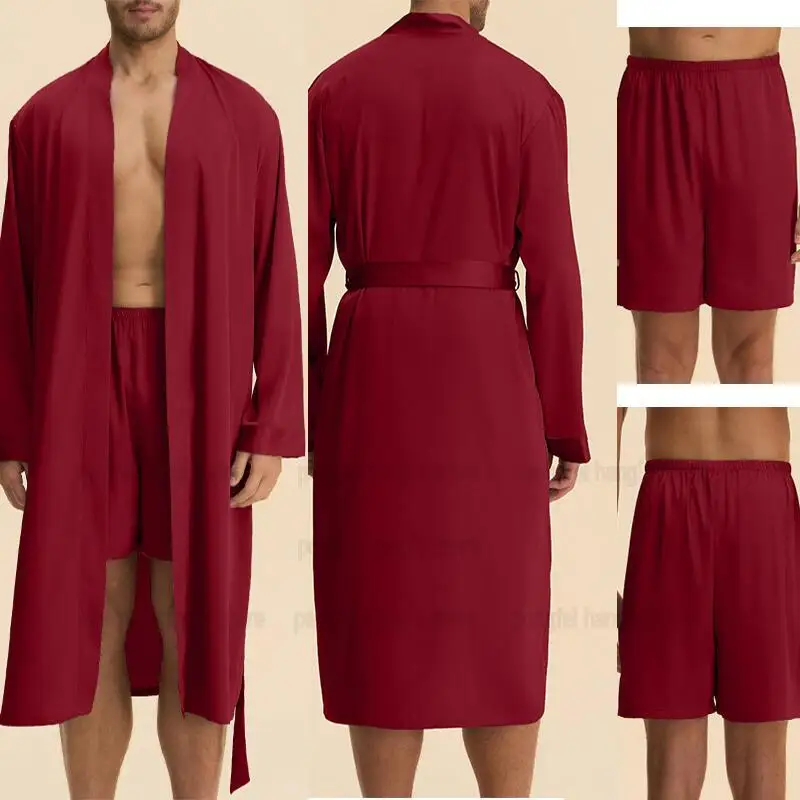 

Solid Color Robe Suit Groom Pajamas Suit Wedding Loungewear Rayon 2Pcs Peignoir Bathrobe Gown Kimono Sleepwear Nightwear