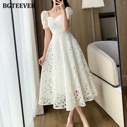 BGTEEVER Vintage Square Collar Female A-line Dress Summer Elegant Short Sleeve Women Lace Dress Ladies Vestidos