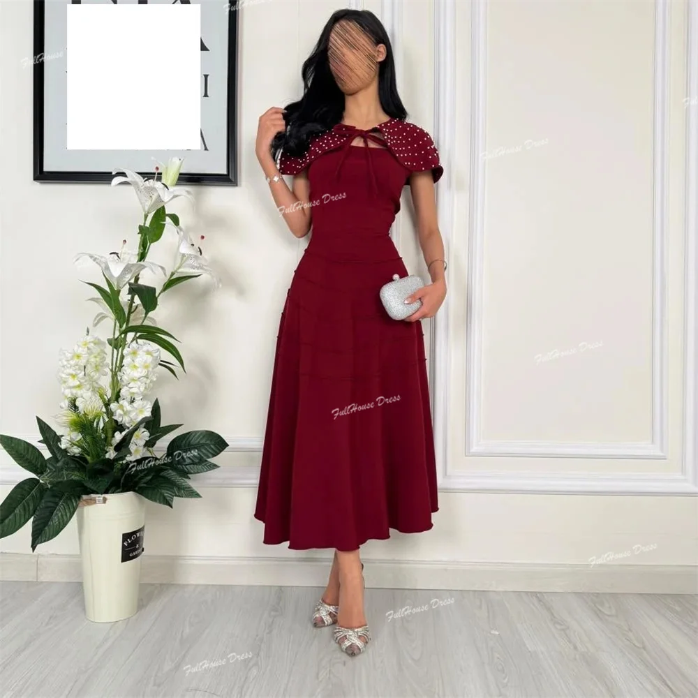 

Custom Made Boat Collar Solid A-line Pleated Evening Dress Beaded Tea-Length Bridal Dress with Jacket فساتين سهره