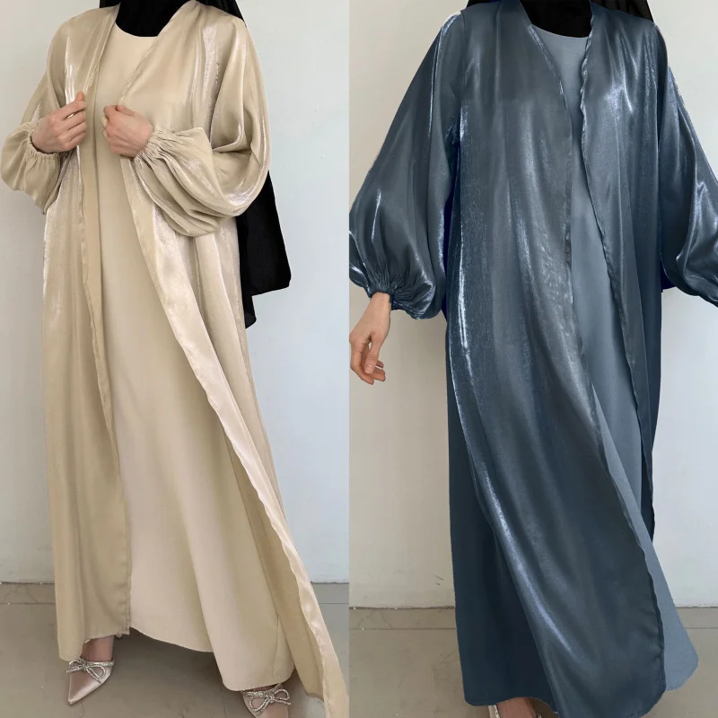 

Middle Eastern Muslim Fashion Shiny Satin Solid Color Belt Batwing Sleeve Robe European and American Plus Size Women's Clothing