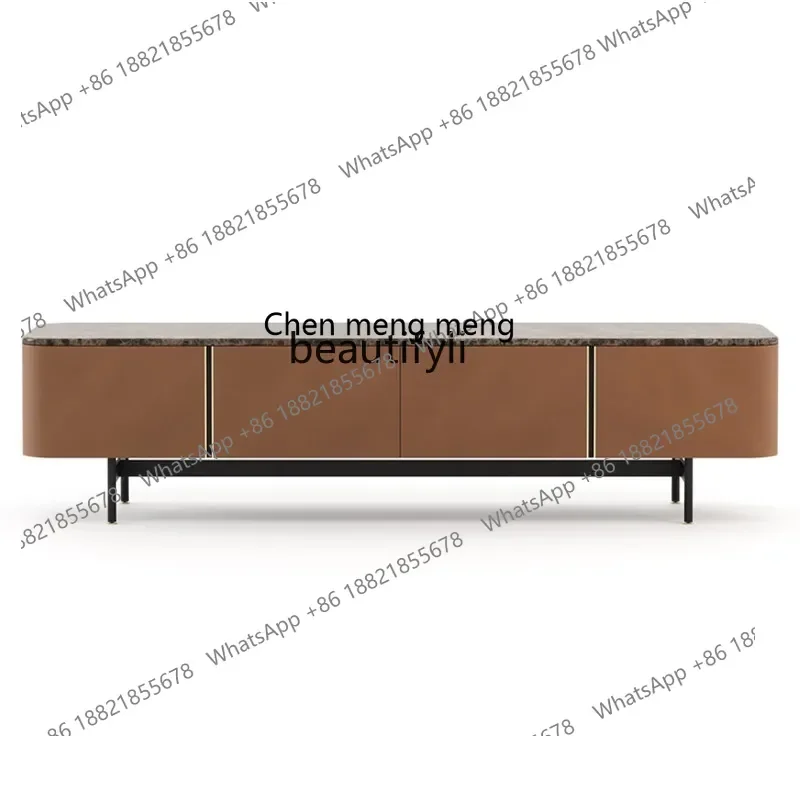 

B178 Smoked oak TV cabinet Modern light luxury imported saddle leather living room marble surface low cabinet2936