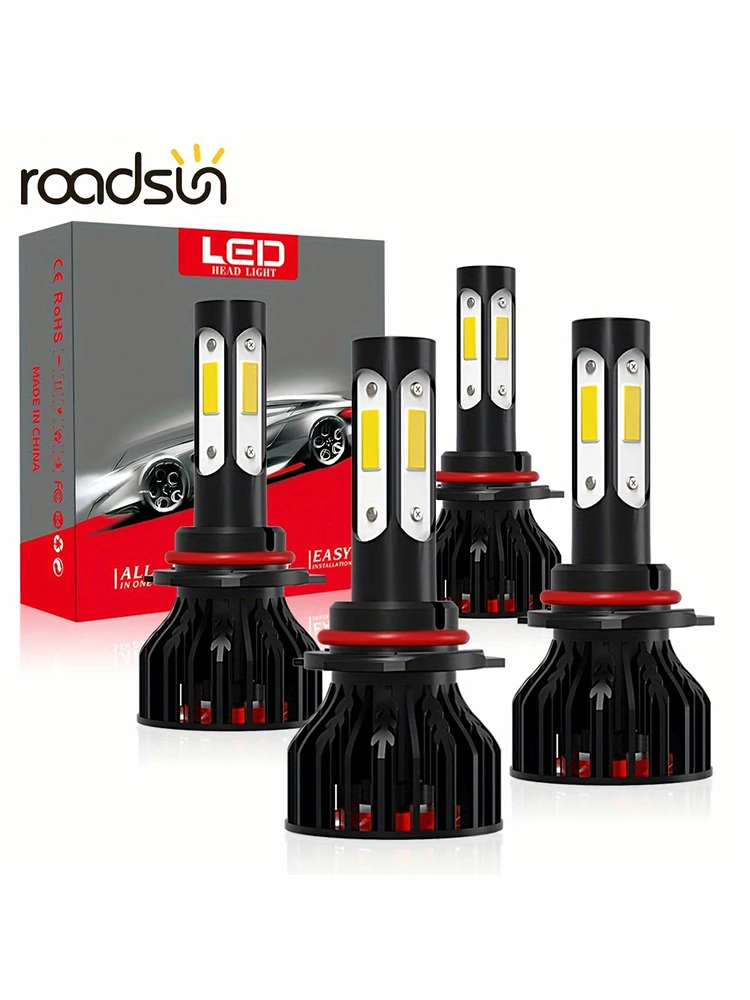 roadsun 4pcs 9005/HB3 9006/HB4 Car Headlights Combo 25000LM High Lumen 6000K White 4 Side COB Chips LED 360 Degree Beam Angle