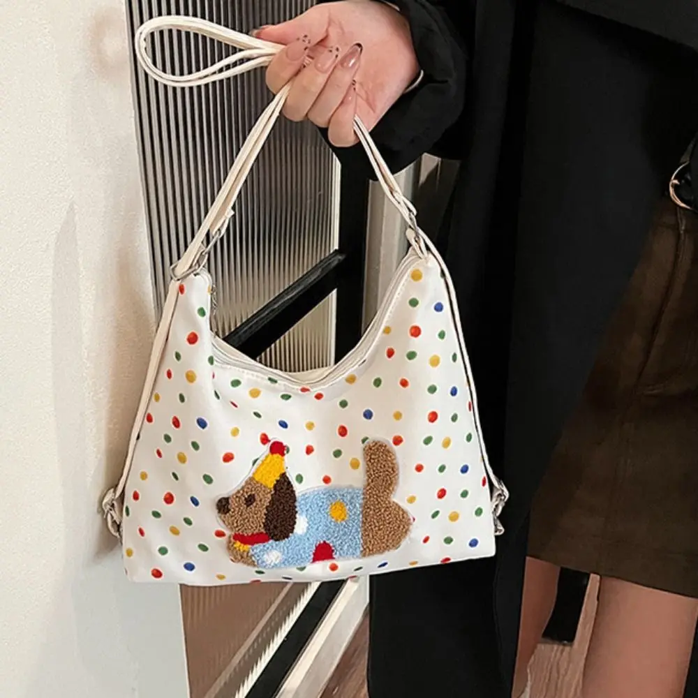 

Casual Korean Style Puppy Embroidery Shoulder Bag Dopamine Y2k Polka Dot Tote Bag Backpack White/Brown Cartoon Handbag Outdoor