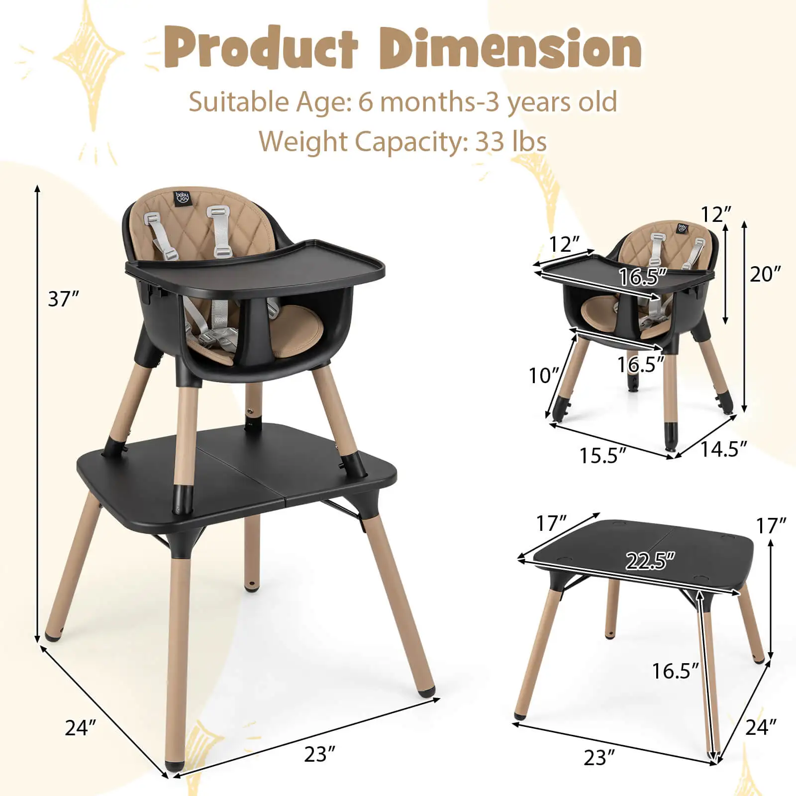 Babyjoy 4 in 1 Baby High Chair Convertible Toddler Table Chair Set w/ PU Cushion