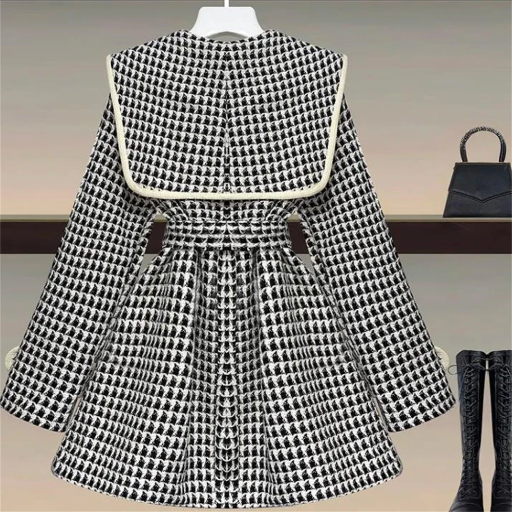 Women's Houndstooth Thick Ol Jacket Suit Belt Thick Outerwear Warm Winter Blazer Woolen Coat Elegant Double Breasted Autumn