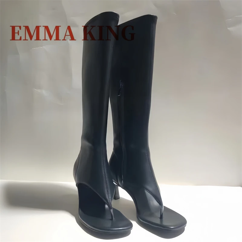 المرأة هريرة كعب ثونغ الأحذية الإناث المفتوحة تو تمتد حذاء برقبة للركبة ربيع الخريف موضة المدرج الجانب سستة الأحذية 35-43