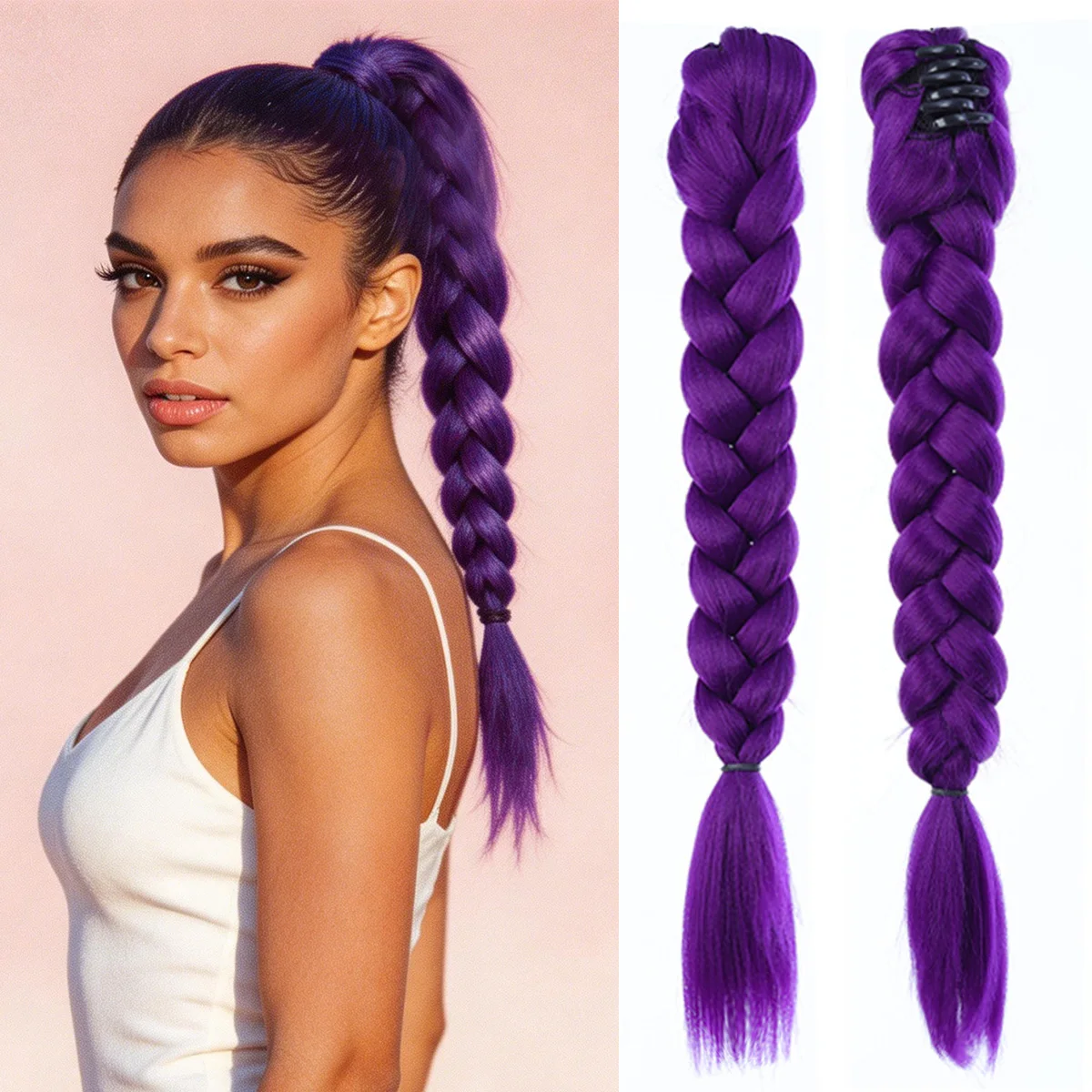 Synthetic fiber wig female KPop purple small catch clip ponytail wig braided braided hair extension