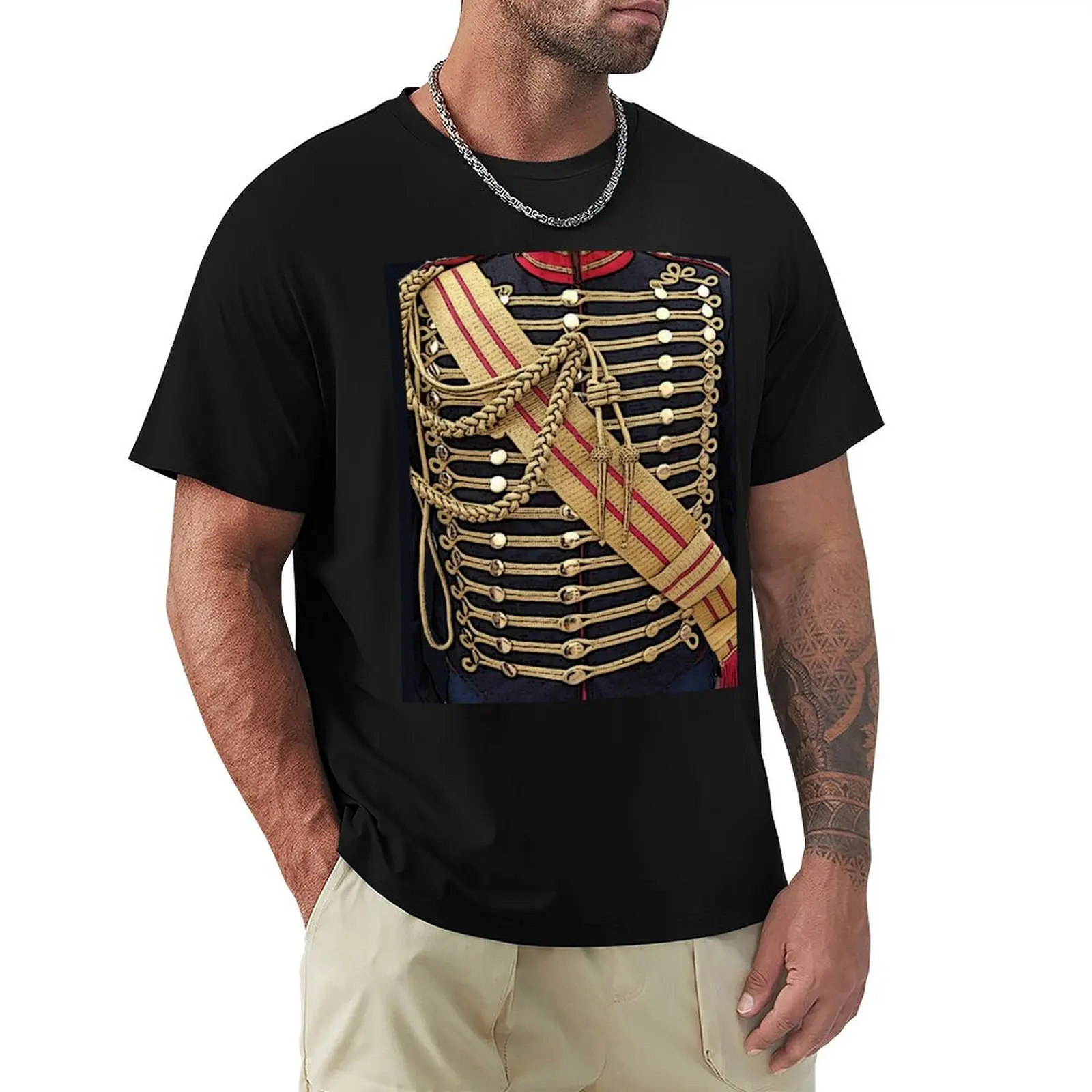 Simulated uniform; blue Hussar jacket with gold trim. T-Shirt Mechanic Work Tee Shirt