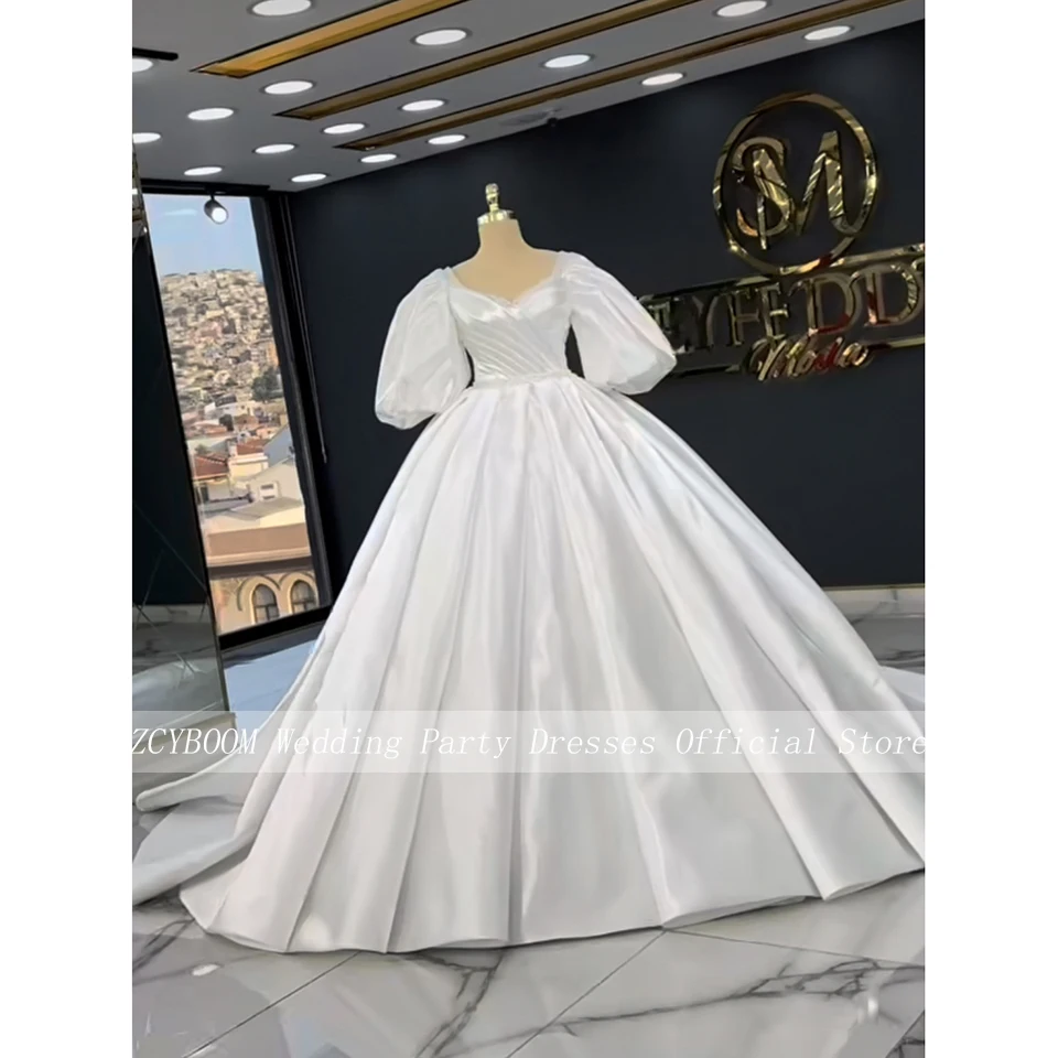 

Customized White Sweetheart Puff Sleeves Sequin Wedding Dress 2025 Ball Gown Floor Length Sweep Train Lace Up Satin Bridal Gown