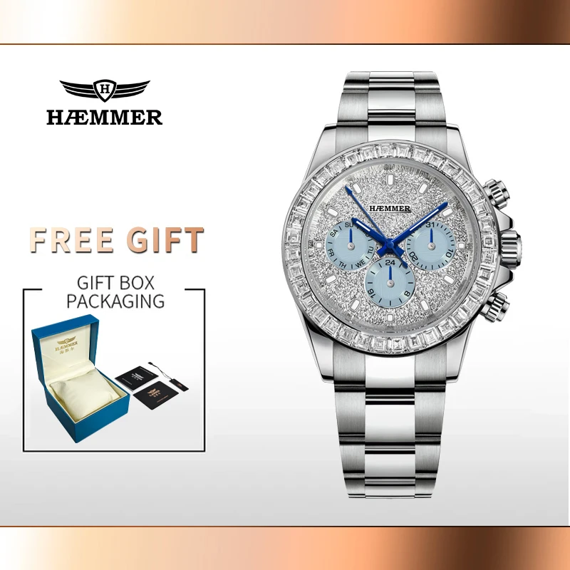 HAEMMER New Men's Watch Luxury Automatic Watch Men's Stainless Steel Multi functional Mechanical Watch Diamond Waterproof