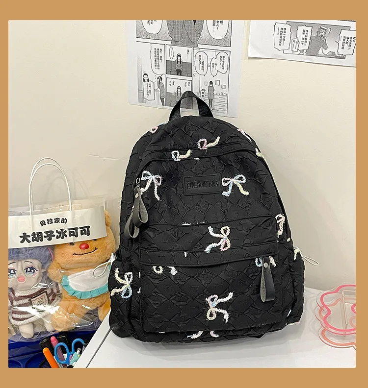 Colorful Bow Full Print Ruched Fabric Backpack Four Colors Available Large Capacity Girls Junior High High School School Bag