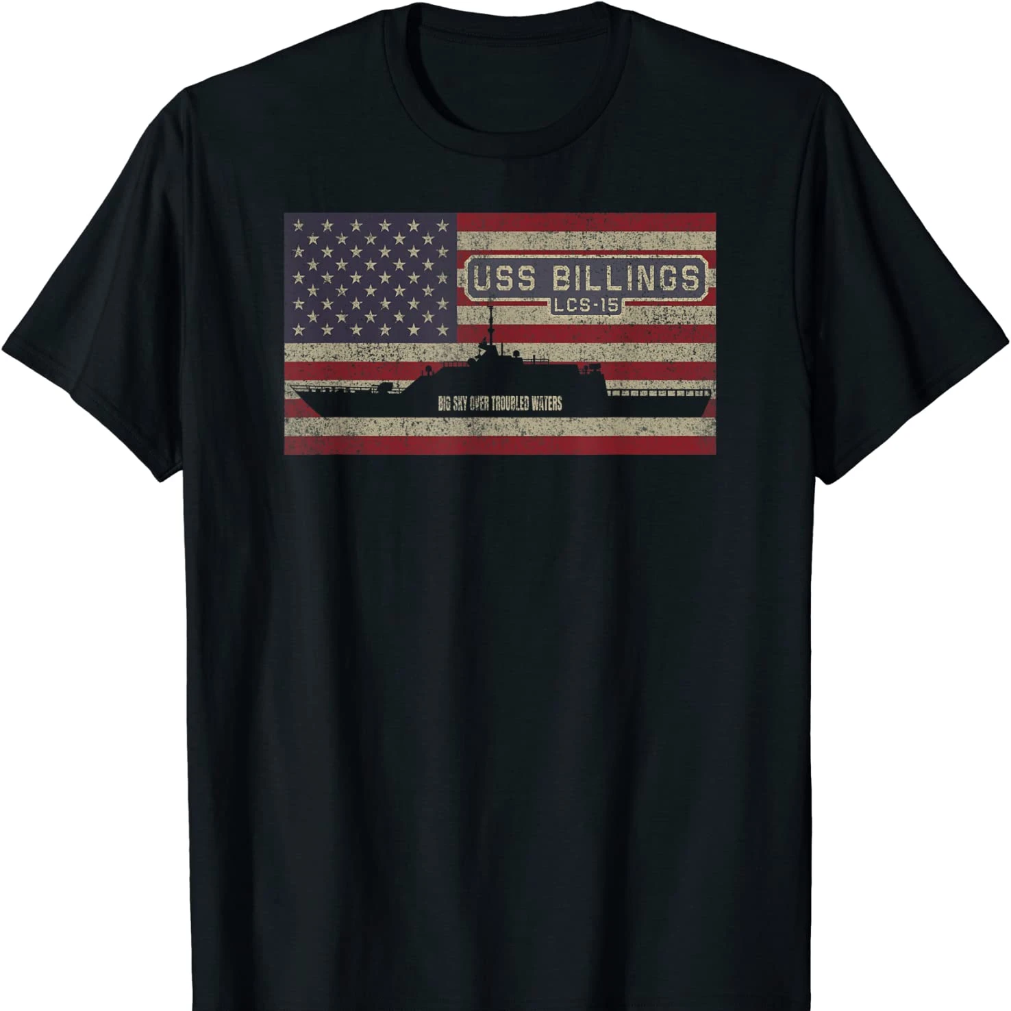 American Flag USS Billings LCS-15 Littoral Combat Ship T Shirt. New 100% Cotton Short Sleeve O-Neck T-shirt Casual Mens Top