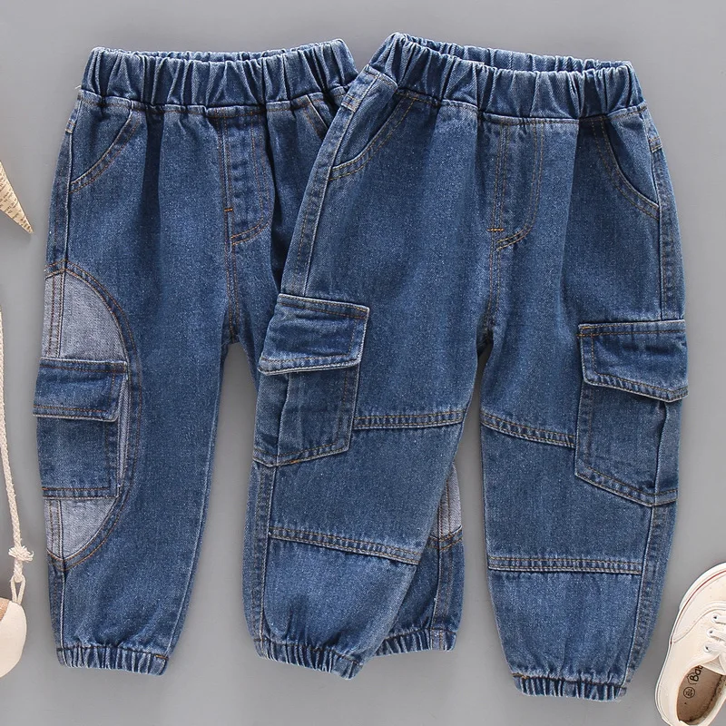 

Toddler Boys Autumn Denim Pants Retro Patchwork Elastic Waist Kids Baby Boys Cargo Pants Loose Soft Simple Baby Boys Harem Pants