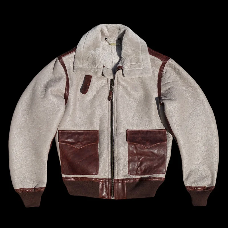 

Мужская зимняя короткая куртка из состаренной кожи белого цвета в стиле летного костюма А2 с интегрированной подкладкой из овчины для тепла