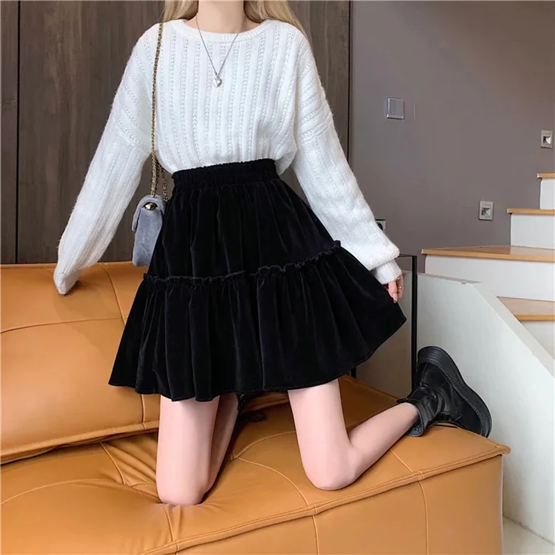 Black Velvet Patchwork Mini Skirt Women Sweet Solid A Line High Waist Skirt Fashion Pretty Style Pleated Summer Student Skirt