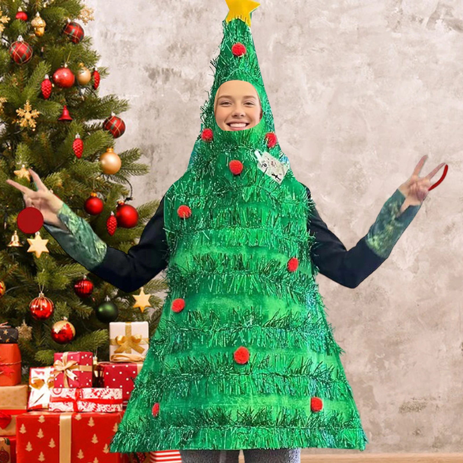 

Christmas Tree Costume for Adult Tinsel Trim Plush Ball Tree Costume for Halloween Party Stage