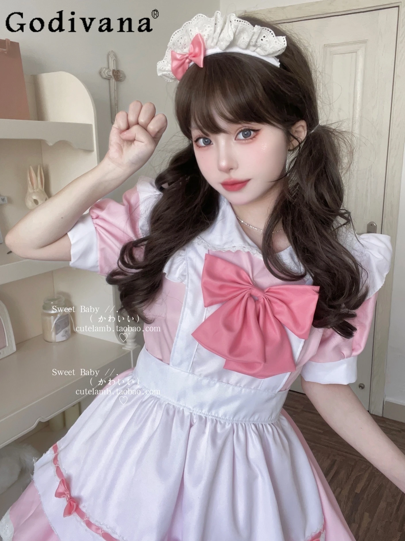 

Girly Sweet Cute Bow Ruffles Kawaii A- Line Dresses Japanese Fashion Lolita Maid Costume Women High Waist Slim-Fit Pink Dress