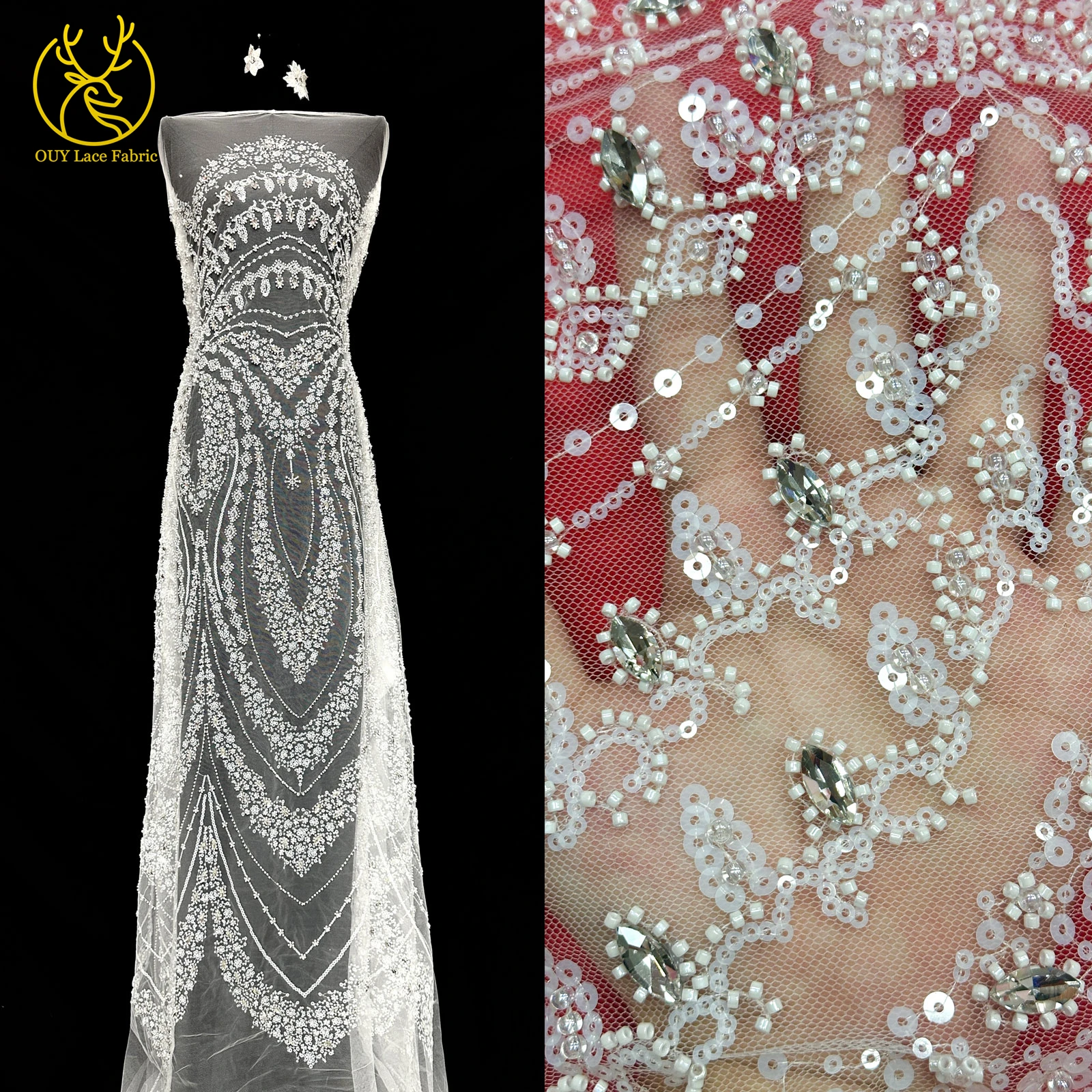 

Nigerian White Wedding Dress Tulle Mesh Lace Fabric High Quality French Stone Lace Fabric African Beaded Sequins Lace Fabric