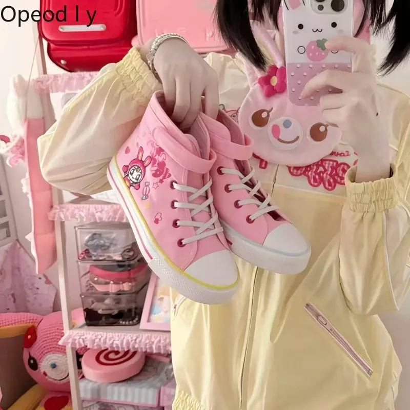 

Japanese Sweet and Cute Soft Girl Pink Canvas Shoes Soft and Comfortable Spring Autumn New Kawaii Student Casual Cartoon Flats