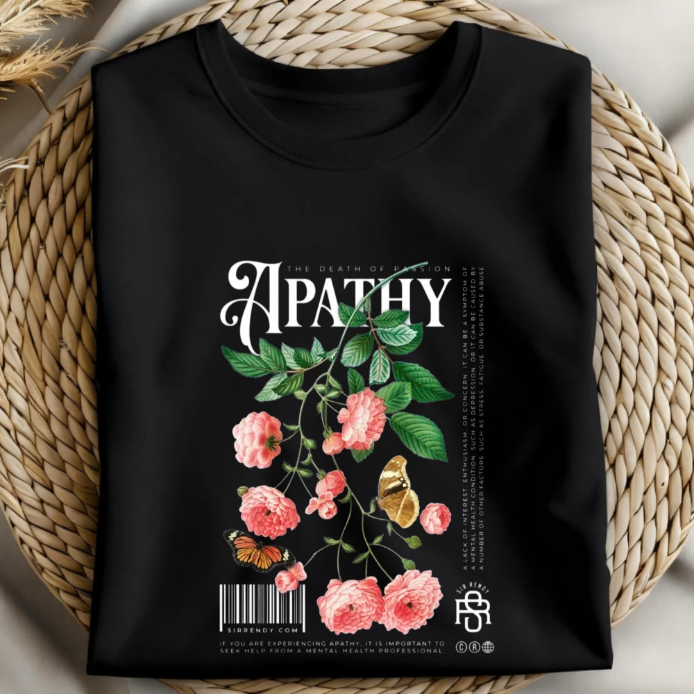T-shirt graphique vintage Apathy Floral Rose Butterfly sur le thème de la santé mentale, imprimé botanique, unisexe, tendance, style grunge, streetwear, en coton
