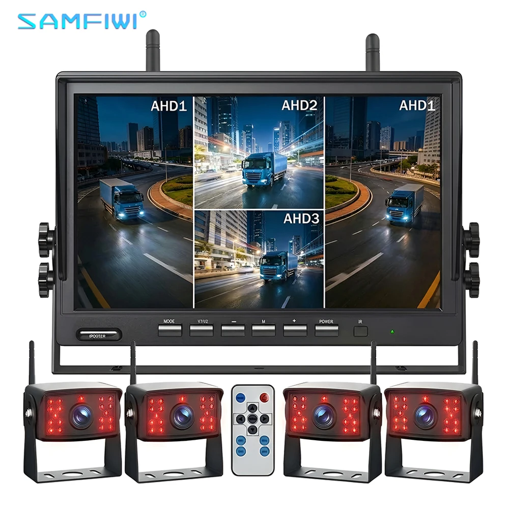 10.1 Inch Digital Wireless Quad Monitor 4CH DVR 1080P AHD Reversing Camera 18 IR LEDs 12V-24V Night Vision for Truck Bus Trailer