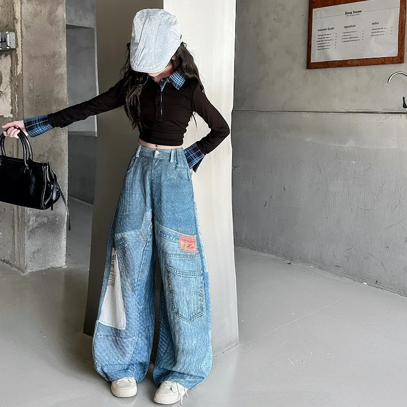 

2025 Autumn Junior Girls Two-piece Suits 4-14Y Girls Plaid Patchwork Turn Down Collar Top Kids Girls Printed Wide Leg Jean Sets