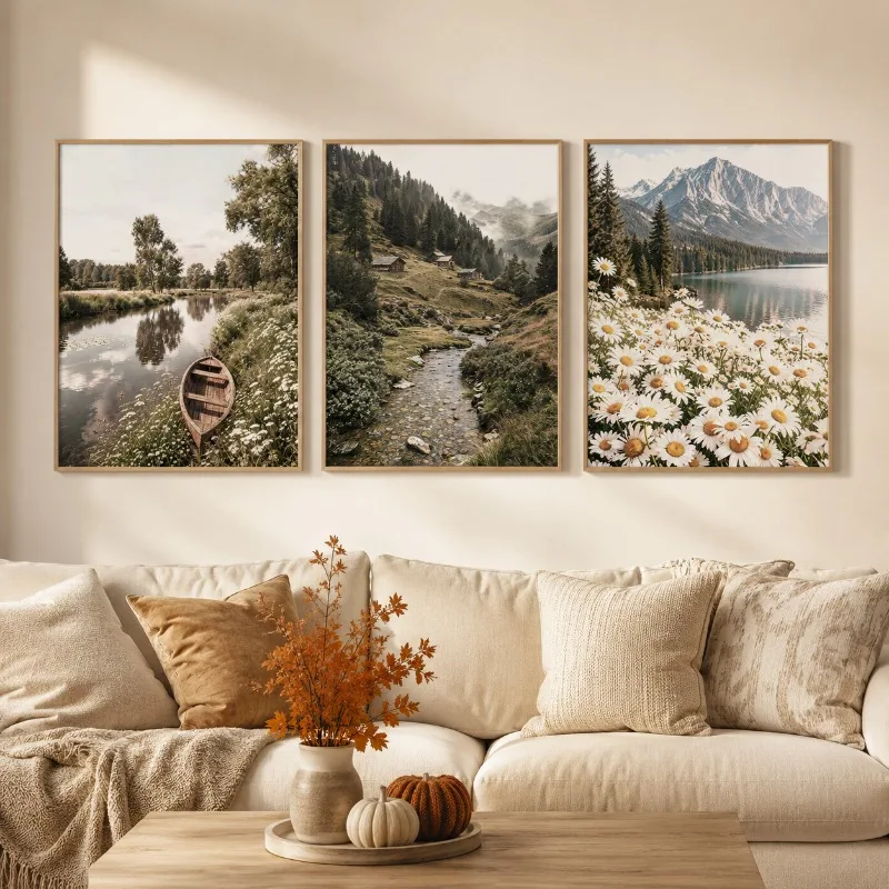 3PCS Country Wild Flower Stream Canvas Painting, Quiet Mountain Boat Print Poster, Suitable for Home Wall Room Decoration