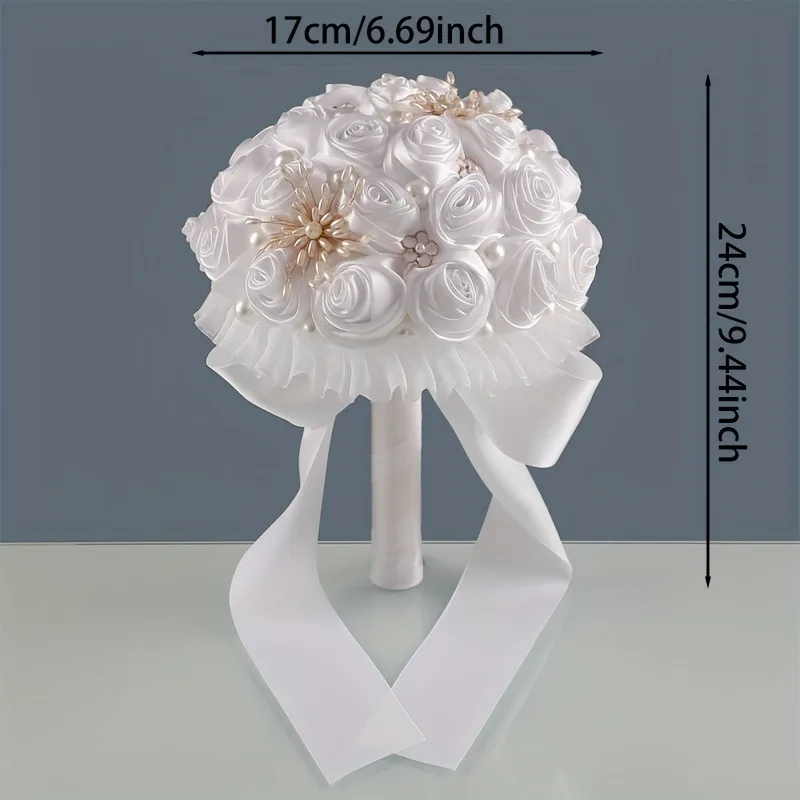 باقة زفاف أنيقة من اللؤلؤ الساتان - بيضاء كريمية لحفلات الزفاف وأعياد الميلاد وعيد الحب