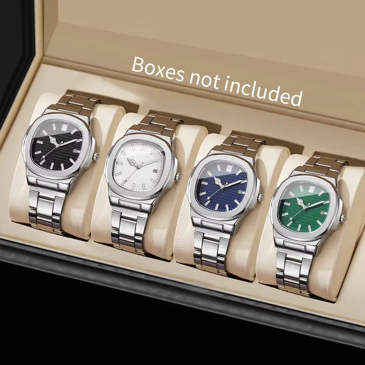 2/4PCS Fashion Square Men Business Watches Set Stainless Steel Strap Calendar Quartz Watch Reloj Hombre（Without Box）