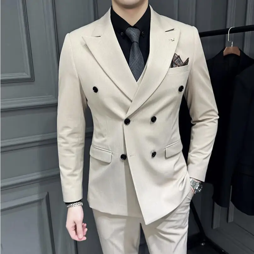 (Jacket+Vest+Pants)Men Spring High Quality Double-breasted Suits/Male Slim Fit Groom\'s Wedding Dress Fashion Three-piece Set