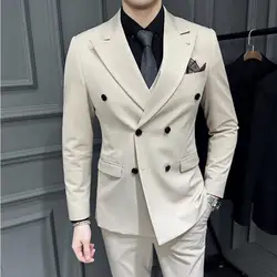 (Jacket+Vest+Pants)Men Spring High Quality Double-breasted Suits/Male Slim Fit Groom's Wedding Dress Fashion Three-piece Set