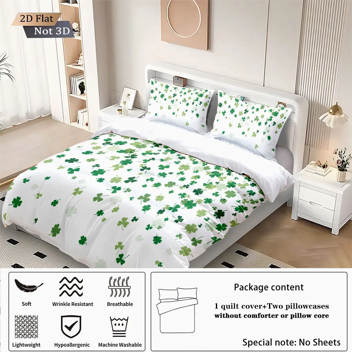 St. Patrick's Day Clover Flannel Printed Duvet Cover Set Bedding Collection with Pillowcases Soft Warm Queen King Size Bed Linen
