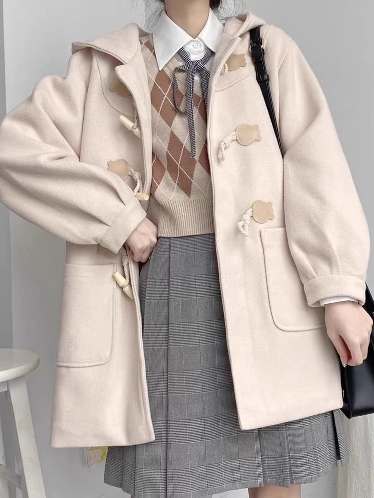 

2025 Thickened Winter Coat Women Small Stature College Fashion Mid Length Woolen Overcoat with Horn Button Detachable Hood