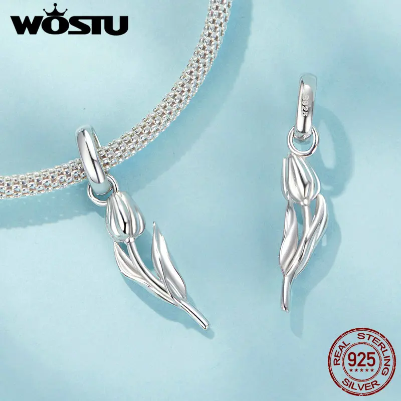 WOSTU 925 Sterling Silver Heart Key Pendant Tulip Phalaenopsis Charm DIY Bracelet Necklace Fine Jewelry For Women Daily Gift