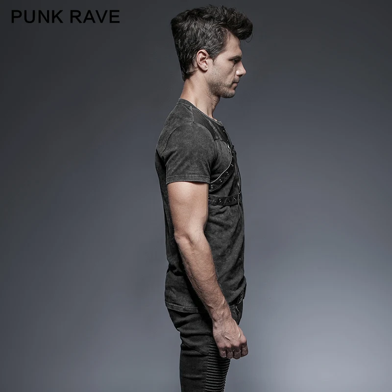 PUNK RAVE Men's Punk Gothic Short Sleeve T-Shirt, Black Faux Leather Harness Lace-Up Slim Fit Top T424
