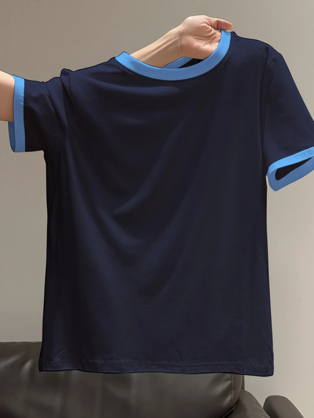 Slimming Effect Pure Cotton round Neck Short Sleeve Loose T-Shirt Women Summer Dark Blue Fashionable Anti-Aging Top
