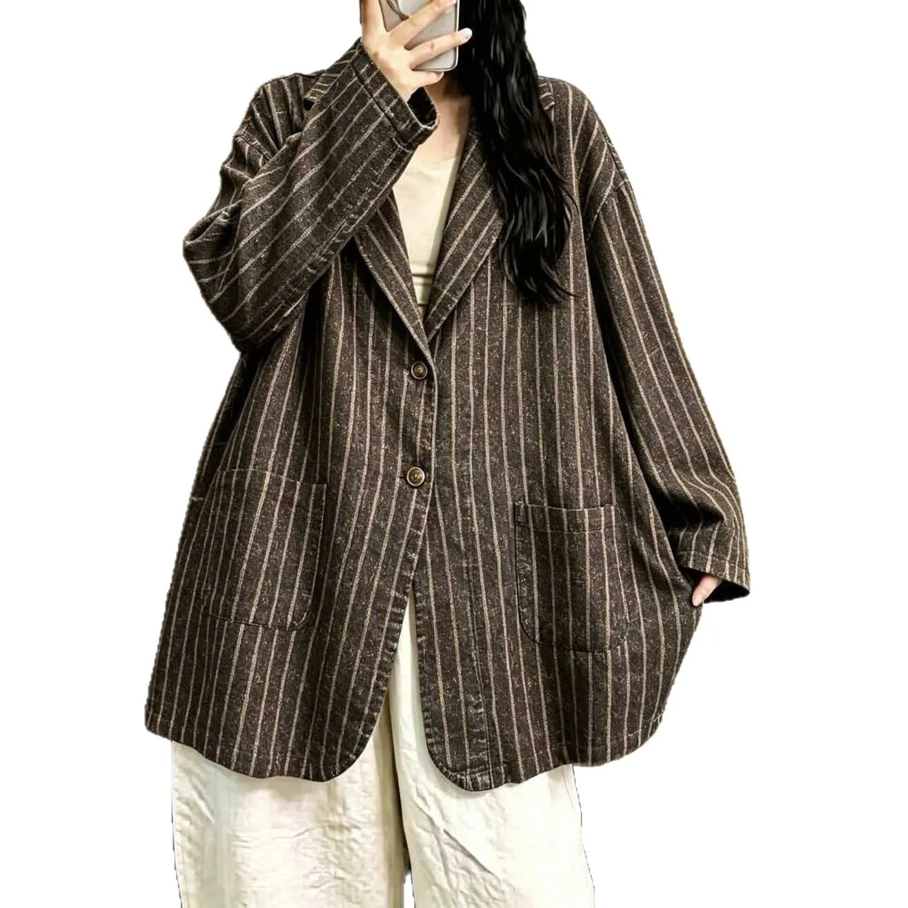 SuperAen Retro Oversize Striped Coat for Women 2026 Autumn New Artistic Simple Notched Loose Casual Mid-length Tailored Coat