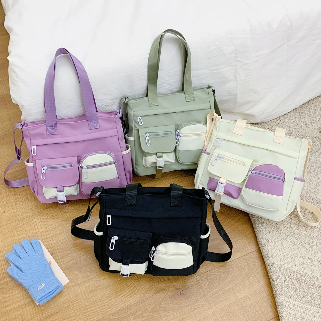 Lightweight nylon fabric student commuting color-blocked large-capacity hand-held tutorial bag, multi-pocket single-shoulder bag