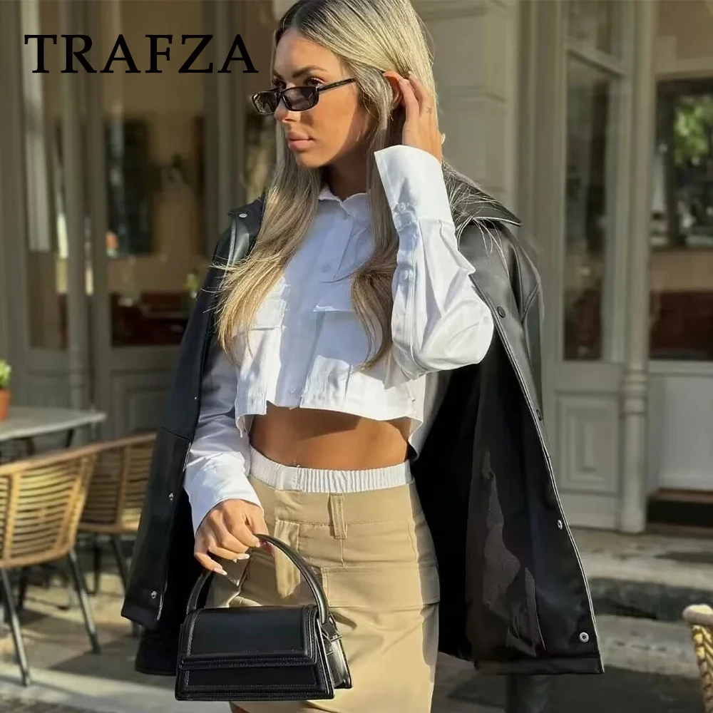 TRAFZA 2024 Spring Casual Women Short Shirts Fashion Streetwear Solid Pockets Turn Down Collar Single Breasted Chic Short Shirts