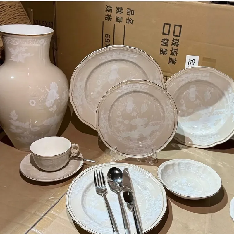 Retro Style Handmade Gilt 36 Piece Ceramic Tableware Set Cups Saucers Flat Deep Plates Salad Bowls Color Glaze Gift