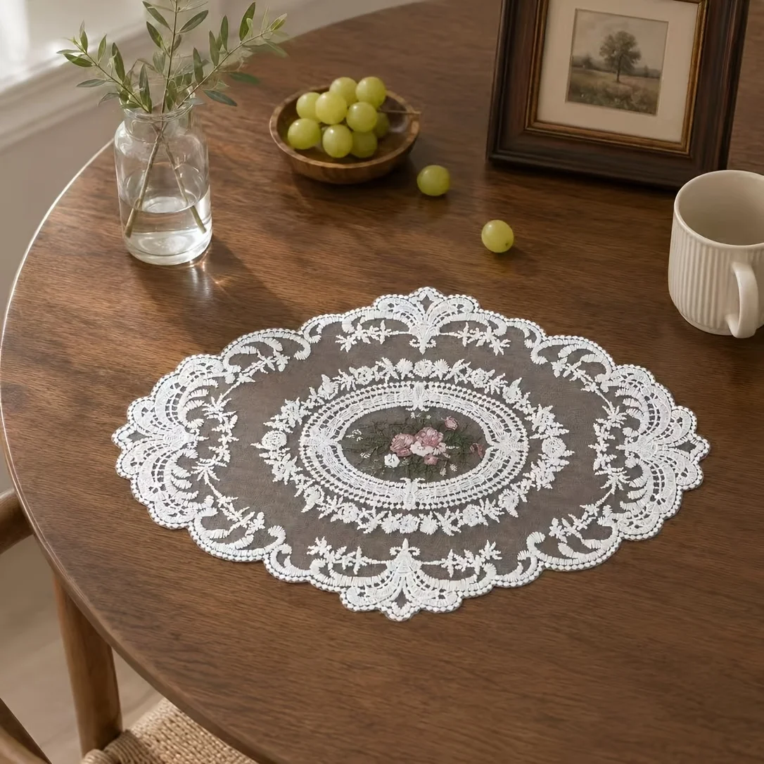 1 Piece of Embroidered Mesh Placemat, French-Style Light Luxury Polyester Fiber Embroidered Mesh Placemat Cover, Suitable for Dining Table, Coffee Table, Daily Home Decoration, Bedside Table Decoration, Multifunctional